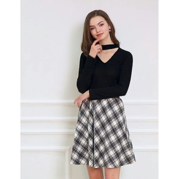 Vintage Plaid A-Line Skirt Elastic Waist Knee Length Casual Wear - Picture 8 of 8